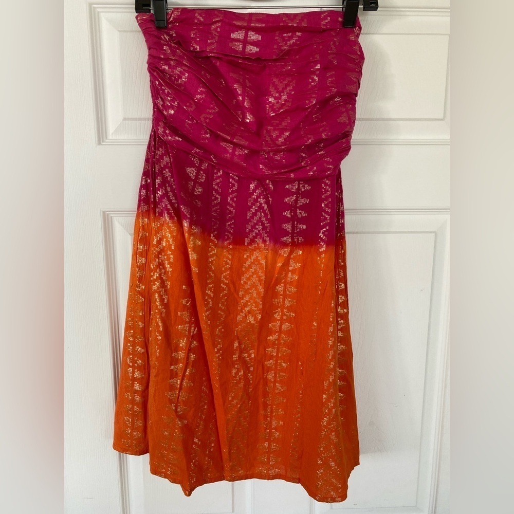 LA PLAGE NEW! Ruched Strapless Dress Ombre Sunset Tribal Gold Lurex